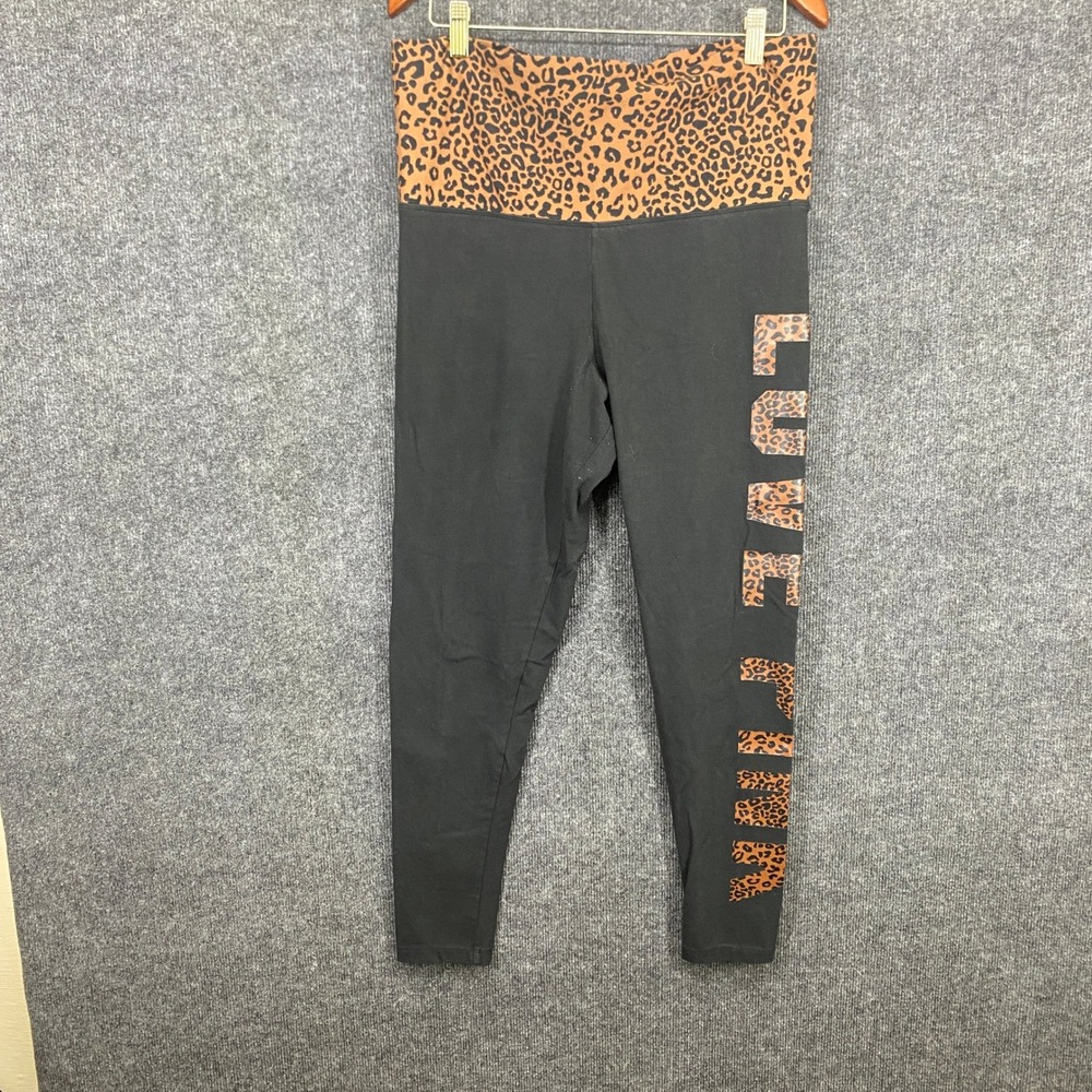 PINK Victoria's Secret Leopard Print Foldover Leggings Black Brown XL